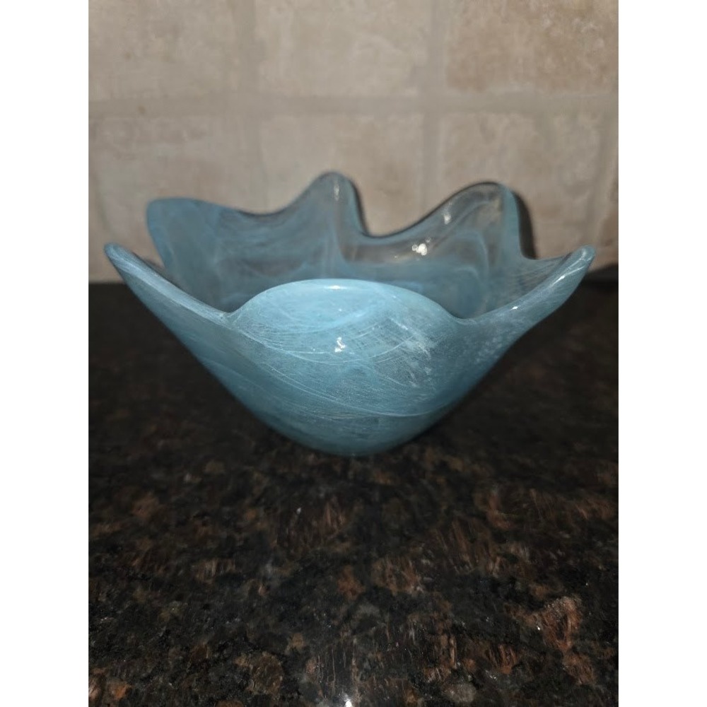 Vintage Murano Style Art Glass Ruffled Bowl Blue Swirl Alabaster Glass 6 Inch - Picture 2 of 4